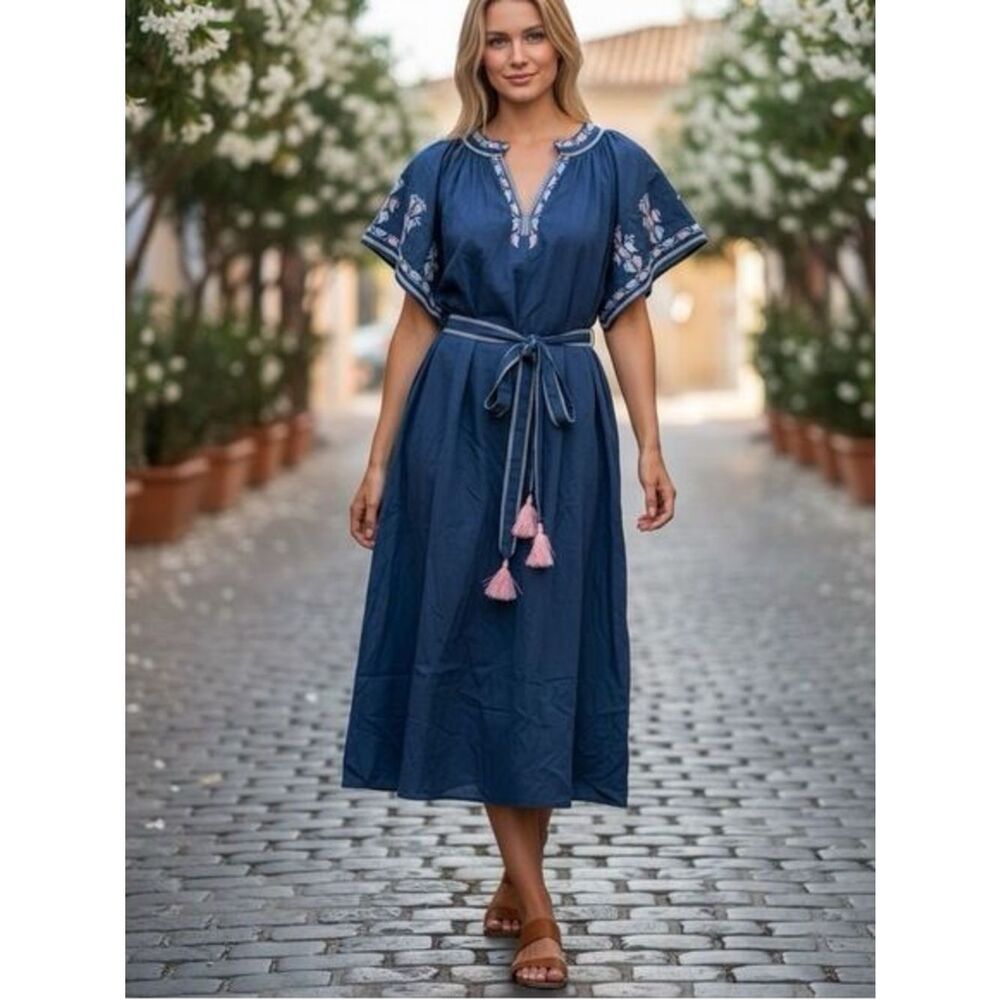 NWT Ex Voto Bri Embroidered Blue Midi Dress M/L